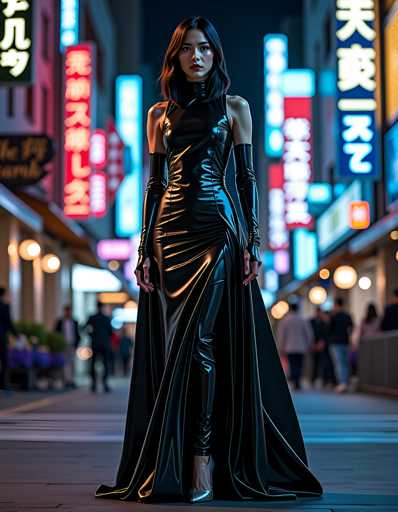 A woman is standing on a city street at night, wearing a long black dress and high heels. The background features neon signs and buildings lit up with bright lights, creating an urban atmosphere.