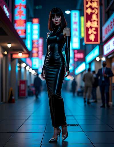 A woman is standing on a sidewalk at night, wearing a black leather dress and high heels. The street behind her is illuminated by neon signs that cast an ethereal glow on the scene. In the background, there are people walking along the sidewalk, adding to the urban atmosphere of the image.