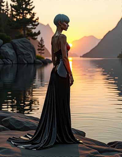 In this captivating image, a woman stands gracefully on a rocky outcrop by the water, her back to the viewer. She is adorned in a striking black dress that features thin straps over her shoulders and a unique design that leaves her midriff exposed while the fabric elegantly drapes over her buttocks. The dress is form-fitting and extends down to her feet, with the fabric artfully flowing behind her and cascading over the rocks. Her short, grayish-blue hair frames her face, which is turned slightly to the right, revealing her profile. The serene water in the foreground reflects the warm hues of the setting sun, which casts a golden glow across the scene. In the background, majestic mountains rise on either side, with a dense forest of tall trees on the left and a more sparsely wooded area on the right. The sky above is a soft, light yellow, adding to the tranquil ambiance of this picturesque moment.