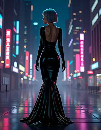 The image depicts a highly detailed, computer-generated scene of a woman standing in the middle of a futuristic city street at night. She is wearing a sleek, black leather dress that features a dramatic slit extending from her waist to her knees, revealing her legs. The dress is form-fitting, accentuating her figure, and has long sleeves that reach her wrists. Her hair is short and styled in a bob cut, with a striking blue color that contrasts with her pale skin. The woman is positioned with her back to the viewer, gazing to the left, her head slightly turned in that direction.

The setting around her is a vibrant, neon-lit cityscape, reminiscent of a cyberpunk aesthetic. The ground beneath her is tiled and reflective, mirroring the glow of numerous neon signs and billboards that line the street. These signs, adorned with Asian characters, suggest an urban environment possibly in Japan or China. The buildings on either side of the street are tall, their windows illuminated, adding to the bustling, high-tech ambiance. The overall scene is bathed in a mix of colors from the neon lights, including shades of pink, blue, and yellow, creating a dynamic and immersive visual experience.