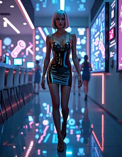 The image depicts a futuristic, cyberpunk-themed setting, reminiscent of a scene from a video game. At the center of the frame is a woman with short, blonde hair styled in a bob. She is dressed in a form-fitting, black leather outfit that accentuates her figure, particularly her large chest. The outfit includes a corset-like top and a short skirt, complemented by fishnet stockings and black high heels. She is walking down a sleek, reflective hallway that is illuminated by neon lights in shades of pink, blue, and purple. The floor of the hallway is made of polished tiles, adding to the futuristic ambiance. In the background, there are several other women, also dressed in similar outfits, standing near what appear to be computer screens or workstations. The walls are adorned with various neon signs and symbols, including a prominent pink key and a blue circle, further enhancing the cyberpunk aesthetic. The overall scene is vibrant and detailed, creating a sense of being immersed in a high-tech, futuristic world.
