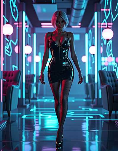 A woman is walking down an illuminated hallway with neon lights and a futuristic design. She is wearing a black dress that features a plunging neckline and fishnet stockings. The floor beneath her feet glows in shades of purple and blue, creating a surreal atmosphere. In the background, there are two chairs positioned on either side of the hallway, adding to the overall futuristic aesthetic of the scene.