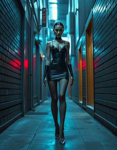 A woman is walking down an alleyway at night with a black dress and fishnet stockings on her legs. She has red hair and is wearing earrings. The alleyway is illuminated by blue lights from the windows of nearby buildings, creating a cool atmosphere.