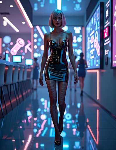 A woman is walking down a hallway with neon lights and a large screen on the wall behind her. She is wearing a black dress that has fishnet stockings and high heels. The background includes a blue wall with white circles and lines, as well as other people in the background who are also dressed up for an event or party.