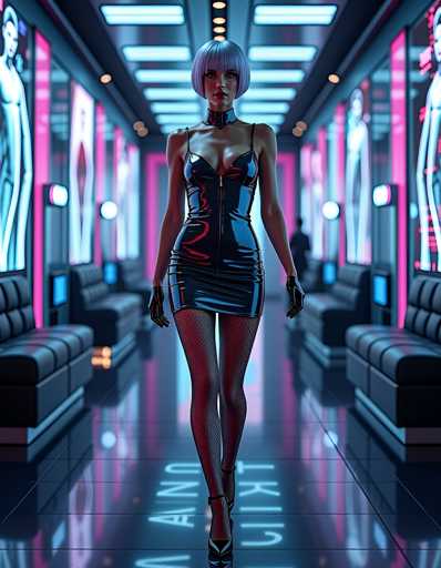 A woman is walking down an empty hallway with a neon pink and blue color scheme on the walls. She is wearing a black dress that has a metallic sheen, and her hair is styled in a short bob. The floor beneath her feet is made of glass, reflecting the light from above.