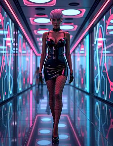 A woman is walking down a hallway with neon lights and circular mirrors on the walls. She is wearing a black dress and high heels, and has her hair styled in pigtails.