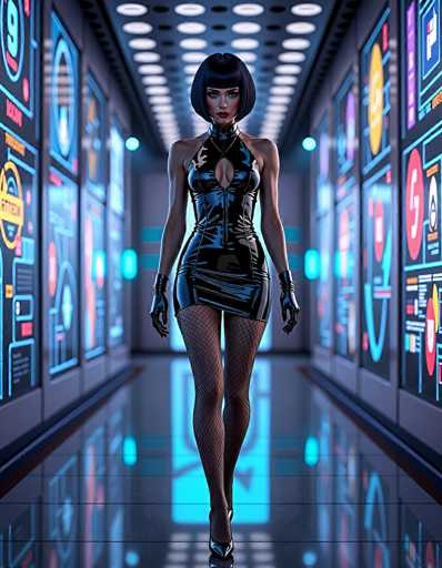 The image depicts a highly detailed, computer-generated scene of a woman walking down a futuristic hallway. She has a striking bob haircut with bangs, and her skin is a pale white. Her outfit is a form-fitting, black leather dress that extends from her neck to just above her knees, featuring a deep V-neckline that reveals her cleavage and a zipper running down the front. She is also wearing fishnet stockings and black high heels. The hallway itself is lined with numerous screens on both sides, displaying various diagrams, numbers, and symbols in shades of blue, red, and yellow. The floor is a reflective, shiny gray, and the ceiling is adorned with rows of circular lights, adding to the high-tech ambiance. The woman appears to be striding confidently towards the viewer, her arms hanging naturally at her sides.