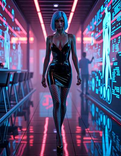 The image depicts a futuristic, cyberpunk-style scene featuring a woman with short blue hair walking down a long, illuminated hallway. She is dressed in a tight, black leather dress that accentuates her cleavage and wears fishnet stockings. Her outfit is complemented by black high heels, and she has a serious expression on her face. The hallway is lined with bright neon lights, predominantly pink and blue, casting a vibrant glow on the reflective, tiled floor. On the right side of the hallway, there is a large screen displaying a diagram of a human body with various arrows and lines pointing to different parts, suggesting a medical or scientific setting. In the background, a man is seen standing in front of the screen, adding to the high-tech atmosphere of the scene.