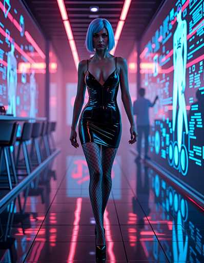 A woman wearing a black dress with fishnet stockings and high heels is walking down an empty hallway with neon lights on the walls that glow blue and pink colors.