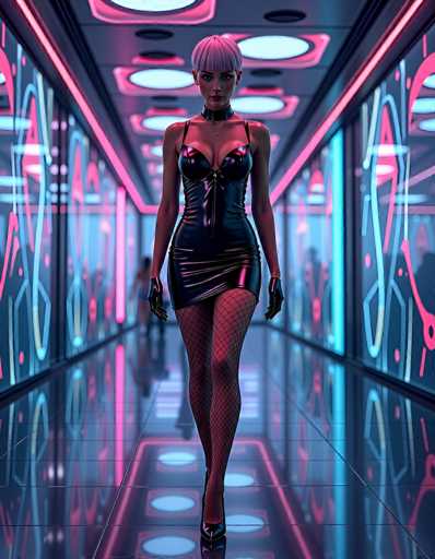 The image depicts a highly detailed, computer-generated scene of a futuristic, cyberpunk-style hallway. The setting is reminiscent of a high-tech corridor in a sci-fi movie or a futuristic video game. The floor is made of reflective, shiny tiles, and the walls are adorned with vibrant neon lights in shades of pink, blue, and green, creating an electric, cyberpunk atmosphere. The ceiling features a grid pattern with circular lights, adding to the high-tech ambiance.

In the center of the hallway stands a woman, exuding confidence and style. She has short, light pink hair and is wearing a form-fitting, black leather dress that accentuates her curves. The dress is sleeveless and features a zipper down the front, and it ends just above her upper thigh. She completes her outfit with black leather gloves, fishnet stockings, and black high heels. Her expression is serious, and she gazes directly at the viewer, adding to the intensity of the scene.

The overall aesthetic is a blend of futuristic and cyberpunk elements, with the neon lighting, reflective surfaces, and the woman's sleek, edgy attire all contributing to a visually striking and immersive environment.