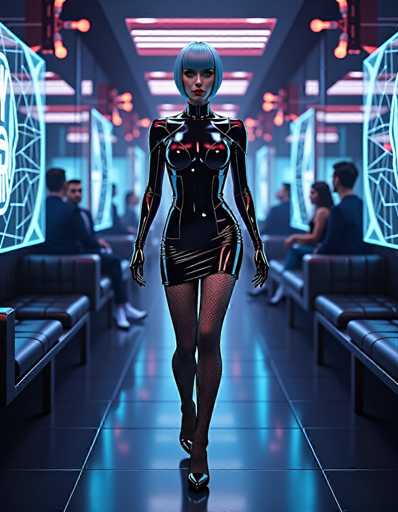 In this captivating image, a woman stands confidently in the center of a sleek, futuristic hallway. She is adorned in a striking black leather dress that accentuates her figure, paired with fishnet stockings and black high heels. Her short blue hair frames her face, which is highlighted by bold red lipstick. The hallway itself is a marvel of modern design, featuring a black tiled floor that reflects the ambient light. On either side of the hallway, there are rows of brown leather benches where people are seated, engaged in conversation. The walls are lined with illuminated screens displaying intricate blue and white geometric patterns, adding to the high-tech atmosphere. Overhead, the ceiling is adorned with pink lights, casting a soft glow that enhances the futuristic ambiance of the scene.