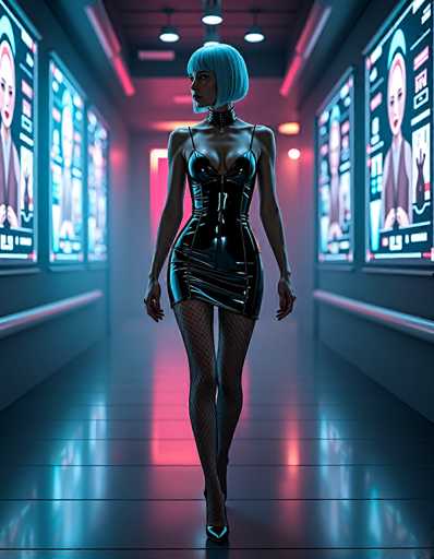 The image depicts a highly detailed, computer-generated scene of a futuristic hallway, reminiscent of a cyberpunk aesthetic. The setting features a long, narrow corridor with a highly reflective, black floor that mirrors the surroundings. The walls are adorned with large, illuminated screens displaying various images, including a woman with short blue hair and a black dress. 

In the center of the hallway stands a strikingly thin woman with short blue hair, styled in a bob with bangs. She is dressed in a form-fitting, black leather dress that extends to her upper thighs, complemented by fishnet stockings and black high heels. Around her neck, she wears a choker necklace. The woman's pose is dynamic, with her arms hanging down by her sides and her head turned to the left, as if she is looking at something off-screen. The overall ambiance of the image is dark and moody, with a color palette dominated by blues, blacks, and grays, enhancing the futuristic and somewhat eerie atmosphere.