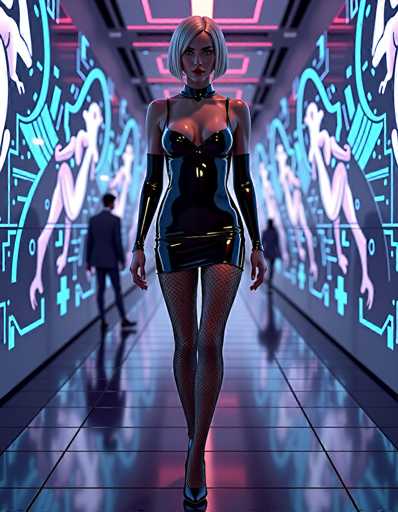 In this detailed, computer-generated image, a woman stands confidently in the center of a futuristic hallway. She is dressed in a sleek, black leather dress that accentuates her figure, paired with fishnet stockings and black high heels. Her ensemble is completed with a black choker around her neck and long, shiny black gloves that extend to her elbows. Her short blonde hair is styled in a bob, and she wears striking red lipstick. The woman's arms are relaxed at her sides, and she gazes directly at the viewer.

The hallway itself is a marvel of modern design, featuring a highly reflective, black tiled floor that mirrors the surroundings. The walls are adorned with vibrant, neon blue and pink graphics, including images of women in various poses, adding to the futuristic ambiance. The ceiling is a dark gray, punctuated by pink neon lights that create a striking contrast. In the background, two men in suits are visible, one walking towards the woman and the other away from her, adding a sense of movement and depth to the scene. The overall aesthetic is reminiscent of a high-tech, sci-fi setting, possibly inspired by video game or anime art styles.