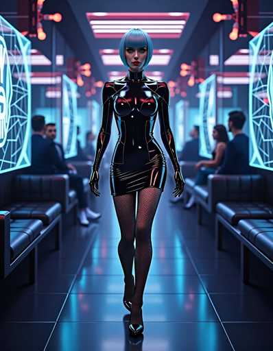 A woman is walking down a hallway with neon lights and blue walls. She is wearing a black dress that has fishnet stockings on the legs. The hallway is filled with people sitting in chairs or standing around, but she is the only one moving towards the camera.