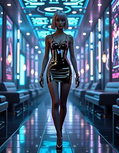 In this computer-generated image, a woman stands confidently in the center of a futuristic hallway, exuding a distinct cyberpunk aesthetic. She is dressed in a sleek, black leather dress that accentuates her curves, paired with fishnet stockings and high heels. Her short, silver hair frames her face, which is adorned with red lipstick, giving her a striking appearance. The hallway itself is lined with black leather chairs on either side, reminiscent of a high-end salon or a futuristic bar. The floor is a reflective black, amplifying the neon lights that bathe the scene in a vibrant blue and purple glow. Above her, the ceiling is adorned with intricate, futuristic designs, adding to the overall ambiance of the image. The woman's direct gaze at the camera and her poised stance suggest she is a central character in this sci-fi setting.