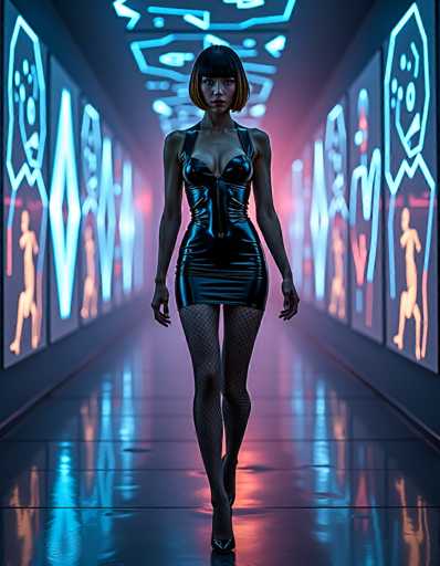 A woman in a futuristic, glossy black dress and fishnet stockings walks down a neon-lit hallway. The hallway is lined with glowing, abstract neon signs and holographic figures of people in the background. The overall style is cyberpunk, with a focus on vibrant neon colors and futuristic design elements.