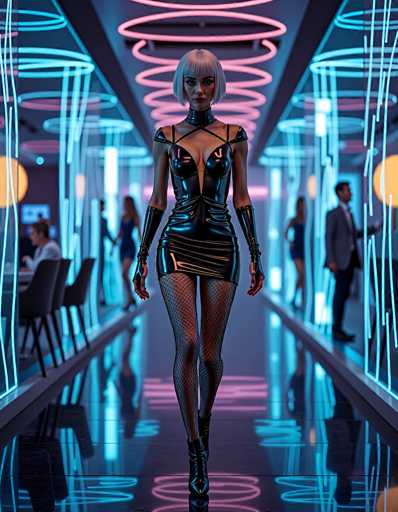 In this striking, futuristic scene, a woman with short platinum blonde hair and bangs strides confidently towards the camera. She is adorned in a sleek, black leather dress that features a daring cutout extending from her chest down to her belly button, complemented by fishnet stockings and black boots. Her ensemble is accentuated by long gloves that reach up to her elbows, adding to her bold appearance. The setting is a dimly lit room illuminated by vibrant neon lights in shades of pink and blue, casting an otherworldly glow. The floor beneath her is a reflective black, mirroring the neon lights and adding depth to the scene. To her left, a man in a suit stands, while to her right, a woman in a blue dress is visible. The background is filled with more people, some seated at tables, contributing to the lively yet mysterious atmosphere of the room.