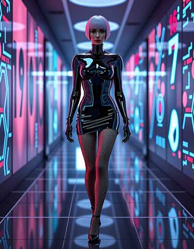 A woman is walking down a hallway with neon lights and futuristic designs on the walls. She is wearing a black leather outfit that includes a corset and fishnet stockings. The woman has blonde hair styled in a bob cut and is carrying a purse.
