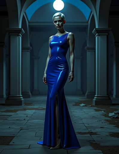 A woman is standing in front of a large archway with columns and a dome ceiling. She is wearing a long blue dress that reaches down to her knees, and high heels. The background features a dark room with a large window on the right side, allowing natural light to enter.