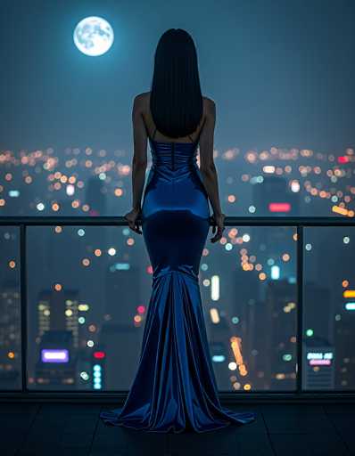 In this captivating nighttime scene, a woman stands elegantly on a balcony, her back to the viewer. She is adorned in a stunning blue dress that features a corseted top and a flowing, ruffled skirt that cascades to the floor. The dress is form-fitting, accentuating her figure, and has thin straps over her shoulders. Her long, straight black hair flows down her back, adding to her poised appearance. The balcony itself is sleek, with a black floor and a railing composed of a horizontal bar and glass panels. The woman's hands rest gently on the railing as she gazes out over a sprawling cityscape below. The city is alive with a myriad of lights, creating a dazzling tapestry of orange, blue, and white hues that blur into the distance. Above her, the night sky is a deep blue, punctuated by the luminous presence of a full moon, casting a soft glow over the scene.