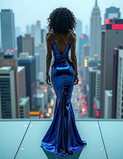 A stunning photograph captures a woman standing on a sleek, reflective glass balcony high above a bustling cityscape. The balcony, adorned with small white dots, offers a panoramic view of towering skyscrapers and busy streets below. The woman, with her back to the camera, exudes elegance in a long, dark blue dress that shimmers with a metallic finish. The dress features a deep V-cut back, revealing her shoulders and the upper part of her back, and is supported by thin straps. Her long, curly black hair cascades down her back, adding to the ethereal quality of the scene. The city lights below create a mesmerizing blur of reds, yellows, and whites, enhancing the dreamlike atmosphere of this urban tableau.