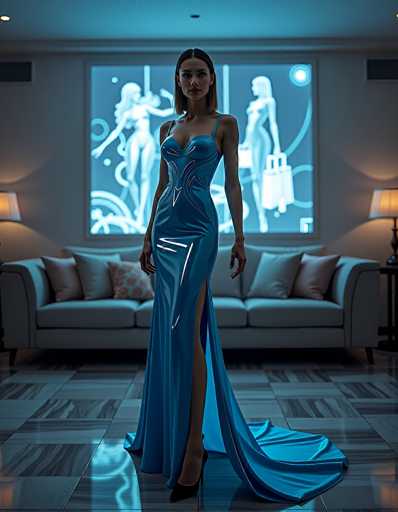A stunning, full-body portrait of a woman in a vibrant blue, floor-length gown. The dress features a fitted bodice with a unique, sculpted design and a high slit that reveals her legs. She's standing in a modern, dimly lit room with a large neon-style window behind her displaying abstract figures. The floor is tiled in a dark, reflective pattern, and the overall lighting creates a dramatic, futuristic ambiance. The woman's expression is serene yet confident, and her dark hair falls smoothly around her shoulders.