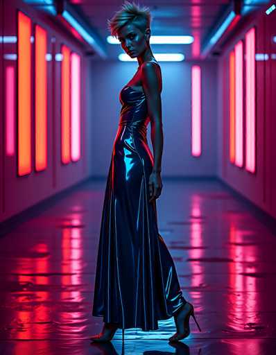 The image depicts a futuristic, AI-generated scene featuring a female character with a distinct cyberpunk aesthetic. She has short, spiky hair and is wearing a form-fitting, metallic dress that accentuates her slender figure. The dress is sleeveless and extends down to her ankles, complementing her high-heeled shoes. The character is posed in a dynamic stance, with one leg slightly bent and her arms resting by her sides, exuding a sense of confidence and mystery. The setting is a long, narrow hallway bathed in vibrant neon lights, creating a striking contrast of colors. The walls are adorned with vertical stripes in shades of orange, pink, and purple, while the floor reflects a mix of red and blue hues. The ceiling features blue lighting, adding to the futuristic ambiance. The overall composition is highly detailed and realistic, yet the artificial nature of the image is evident in the uncanny perfection of the lighting and textures.