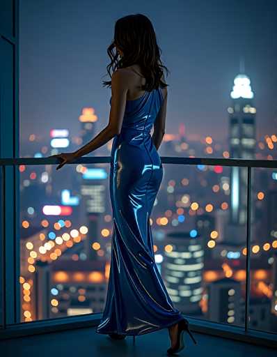 A woman in a shimmering blue gown stands on a balcony overlooking a vibrant, glittering cityscape at night. She is facing away from the viewer, her body angled towards the city lights, with one hand gently resting on the balcony railing. Her long, wavy hair cascades over her shoulders, and she wears high-heeled shoes. The city lights create a soft, blurred bokeh effect in the background, emphasizing the depth of the scene. The overall mood is one of elegance and quiet contemplation as she gazes at the urban panorama.
