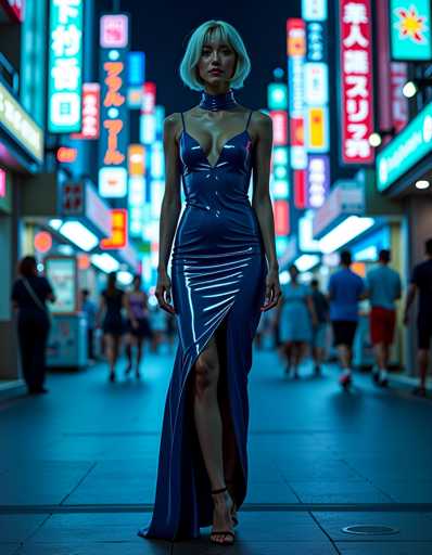 A woman is walking down a city street at night, wearing a blue dress with a plunging neckline and high slit on the side. She has blonde hair styled in loose waves and is carrying a black purse over her shoulder. The background features neon signs and buildings illuminated by bright lights, creating a vibrant and energetic atmosphere.