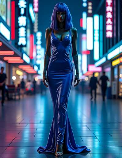 In this captivating image, a woman stands confidently in the middle of a bustling city street, her presence commanding attention. She is dressed in a striking, form-fitting blue dress that accentuates her figure, with a unique design that leaves her shoulders and arms bare. The dress features a low neckline, revealing a hint of cleavage, and extends down to her ankles, where it splits into two elegant tails that cascade to the ground. Her footwear consists of stylish sandals, adding a touch of sophistication to her ensemble.

The woman's hair is a vibrant blue, styled in a shoulder-length bob that frames her face beautifully. Her makeup is bold and dramatic, with dark, defined eyebrows and a touch of red lipstick that adds a pop of color to her look. Her arms are relaxed at her sides, and she gazes directly at the camera with a composed and self-assured expression.

The backdrop of the image is equally striking, with a cityscape that suggests an Asian setting, possibly Japan or China. The street is lined with buildings adorned with neon signs and billboards, their lights reflecting off the polished, tiled floor. The scene is alive with the energy of city life, yet the woman remains the focal point, her blue attire and hair standing out against the urban landscape.