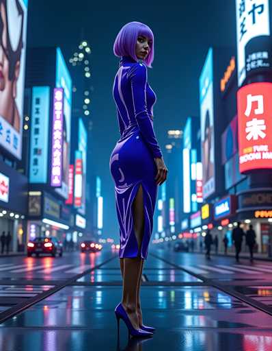 A woman with purple hair is standing on a sidewalk at night in front of a row of neon signs and buildings that glow brightly against the dark sky. She is wearing a blue dress and high heels, and her back is turned to the camera.