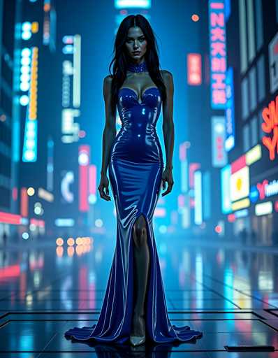 A woman is standing on a city street at night, wearing a long blue dress with a halter neckline and high slit down the back. The background features tall buildings illuminated by neon lights, creating a vibrant and dynamic urban atmosphere.