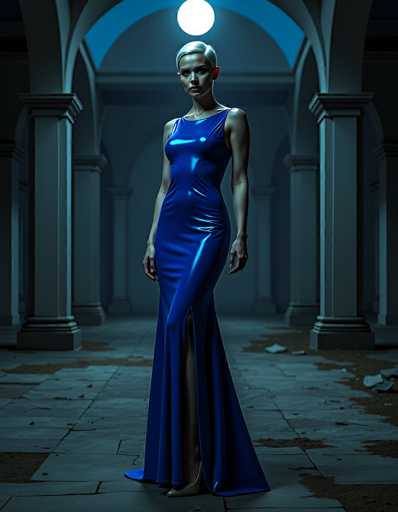 The image depicts a computer-generated scene of a woman standing in a grand, yet dilapidated hallway. The setting features a series of arches and columns, with the floor made of stone tiles interspersed with patches of dirt and debris. The woman, who has short blonde hair and is wearing a sleeveless, shiny blue dress that extends to her ankles, stands with her arms at her sides. She is looking directly at the camera, her expression neutral. Above her head, a large white light illuminates the scene, casting a stark contrast against the dark, grayish-blue tones of the surroundings. The overall atmosphere is one of neglect, with the grand architecture marred by signs of decay and abandonment.