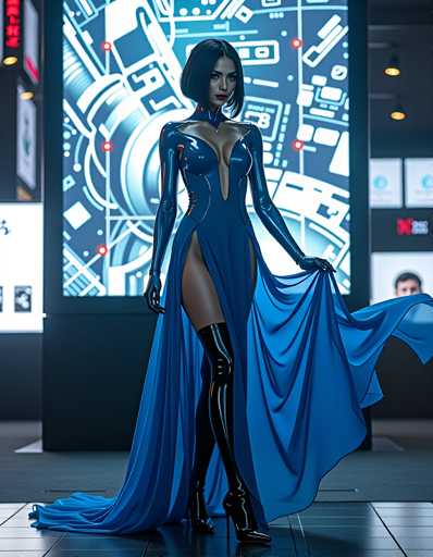 A woman is standing on a black floor with her arms outstretched and wearing a long blue dress that reaches down to her knees. She has high heels on and is facing the camera directly. The background features a large screen displaying a futuristic cityscape with buildings of varying heights and designs, as well as neon lights illuminating the scene.