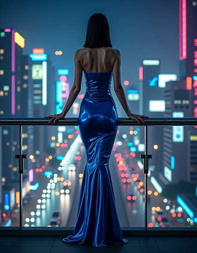 In this captivating nighttime cityscape, a woman stands elegantly on a balcony, her back to the viewer. She is adorned in a stunning blue dress that features a halter neckline, leaving her shoulders and back exposed. The dress is form-fitting, accentuating her figure, and transitions into a flowing skirt that drapes gracefully to the floor. Her long, straight black hair cascades down her back, adding to her poised appearance. The balcony itself is sleek, with a black base and a glass railing topped with a black handrail. Below, the city is alive with activity; a bustling highway stretches out, flanked by towering skyscrapers adorned with vibrant neon signs in hues of pink, blue, and yellow. The scene is a mesmerizing blend of urban energy and serene elegance, capturing a moment of quiet beauty amidst the city's nocturnal vitality.