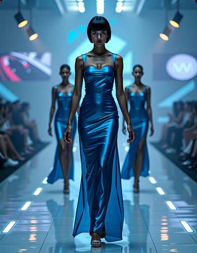 The image shows three models walking down a runway wearing blue dresses with long trainings and high slit tops. The background is dark, creating a dramatic effect on the runway.