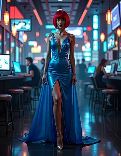 A woman with red hair is standing in a brightly lit room filled with neon signs and computer monitors. She is wearing a long blue dress that falls down to her knees, and high heels. The room has a modern design with black chairs arranged around tables, and the walls are adorned with various neon signs.