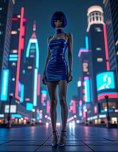In this captivating image, a woman stands confidently in the middle of a bustling city street, framed by towering skyscrapers adorned with vibrant neon lights in hues of red, blue, and pink. The scene is set at night, with the city's lights creating a dazzling backdrop. The woman, who appears to be of Asian descent, has striking blue hair styled in a short bob with bangs. She is dressed in a form-fitting, dark blue leather dress that accentuates her figure, paired with matching blue high heels. Around her neck, she wears a blue collar that complements her outfit. Her arms rest naturally at her sides, and she gazes directly at the camera with a composed expression. The street beneath her is paved with black tiles, adding to the urban aesthetic of the scene.