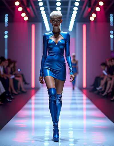 A futuristic fashion runway scene with a model in a vibrant blue dress walking towards the viewer. The background is a sleek, minimalist space with neon lights and blurred audience members. The model's pose is confident and her expression is intense, highlighting the futuristic design of her outfit. The overall lighting creates a dramatic and stylish atmosphere.