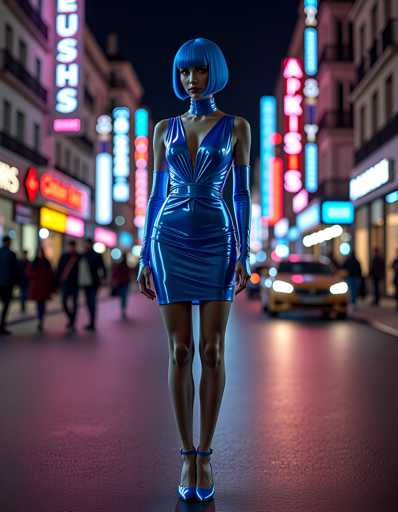 A woman with blue hair is standing on a city street at night, wearing a blue dress and high heels. The background features neon signs from various shops lining the street, creating a vibrant atmosphere.