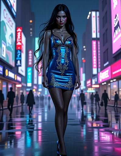 A woman is walking down a city street at night, wearing a blue dress with gold accents and black stockings. The background features tall buildings illuminated by neon signs, creating a vibrant urban atmosphere.