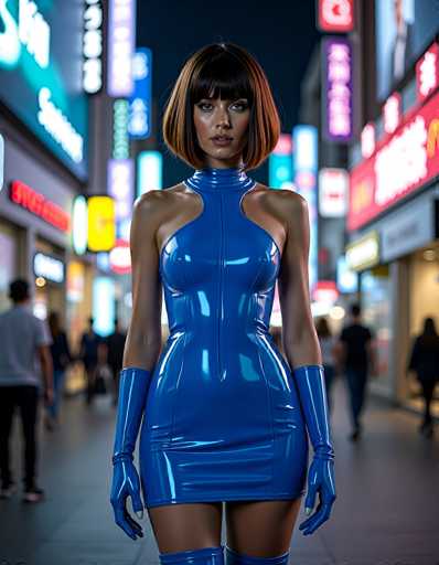 A woman in a shiny blue dress stands confidently in a vibrant, neon-lit city street. The dress is form-fitting and has a high neck with a cutout, made of a glossy blue material that reflects the surrounding lights. She wears matching shiny blue gloves and boots, completing a futuristic look. Her short, dark bob with a reddish-brown tint frames her face, and she looks directly at the viewer with a serious expression. The background is blurred, suggesting a bustling city street with bright neon signs in various colors like red, yellow, and blue. The overall lighting is dramatic, with the neon lights casting a cool glow on the scene.
