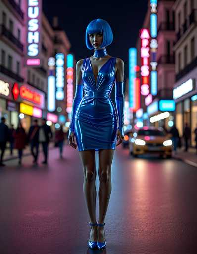 In this captivating image, a woman stands confidently in the middle of a bustling city street, her presence commanding attention. She is dressed in a striking, form-fitting blue dress that accentuates her figure, paired with matching blue shoes. Her ensemble is complemented by a blue choker around her neck and long blue gloves that extend past her elbows. Her short, blue bob haircut frames her face, adding to her bold appearance. The woman's legs are bare, and she stands with her arms at her sides, exuding a poised and self-assured demeanor.

The background reveals a vibrant urban setting, with numerous tall buildings adorned with neon signs that cast a colorful glow over the scene. The street is alive with activity, as people walk along the sidewalks and cars move through the area. The woman stands on a road that appears to be made of black asphalt, which reflects the neon lights, adding a shimmering effect to the scene. The overall atmosphere is one of urban energy and style, perfectly captured in this moment.