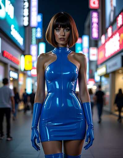 A woman is standing on a sidewalk at night, wearing a blue dress with a high neckline and cutout design over the bust area. She has short brown hair styled in a bob and is wearing black gloves. The background includes neon signs from various shops lining the street.