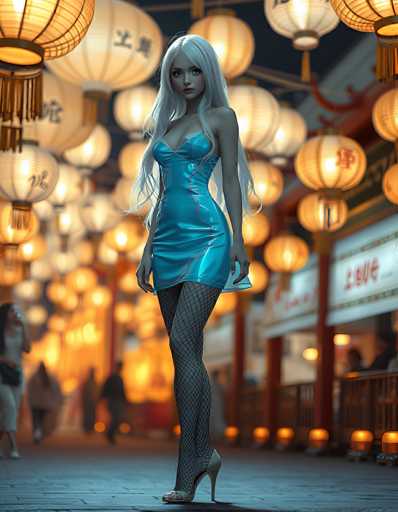 In this captivating image, a woman stands confidently in the middle of a bustling street, her presence commanding attention. She is adorned in a striking blue dress that accentuates her figure, paired with sleek black fishnet stockings and elegant silver high heels. Her long, flowing white hair cascades down her back, contrasting beautifully with her fair skin. The woman's eyes are a mesmerizing shade of blue, and her lips are painted a bold red, adding to her striking appearance.

The setting around her is equally enchanting. The street is lined with buildings on both sides, their facades adorned with signs written in a foreign language, adding an exotic touch to the scene. Above her, numerous lanterns hang from the buildings, casting a warm, inviting glow over the street. The lanterns are predominantly white, with some featuring a delicate yellow tint, and they are embellished with intricate designs in the same foreign script. The overall ambiance is one of cultural richness and vibrant energy, perfectly complementing the woman's poised and stylish presence.
