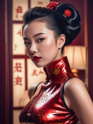 The image depicts a highly detailed, computer-generated portrayal of a young Asian woman, likely in her late teens or early twenties. She is dressed in a traditional Chinese outfit, featuring a red silk dress adorned with intricate gold embroidery and floral patterns. The dress is form-fitting, with a high collar that extends to her shoulders, and it is fastened with gold buttons. The dress is lined with black material, visible around the edges. 

The woman has pale skin and striking features, including a small nose, full lips painted with red lipstick, and dark eyes accentuated by black eyeliner. Her hair is styled in an elaborate updo, with a side part and a voluminous bun at the back. The bun is decorated with red flowers, adding to the intricate detail of her hairstyle.

In the background, there is a blurred, traditional Chinese wall with red and white panels, each panel featuring Chinese characters. The wall is framed by a dark red border, adding to the traditional aesthetic. Additionally, a white lamp with a red base is visible in the background, further enhancing the traditional setting.

Overall, the image exudes a sense of cultural authenticity and artistic precision, capturing the essence of traditional Chinese attire and the beauty of the young woman.