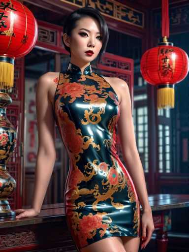 The image depicts a young Asian woman, likely in her late teens or early twenties, standing in a traditional Chinese setting. She has short black hair with bangs that partially cover her left eye, and she is wearing red lipstick. Her attire is a sleeveless, shiny black dress adorned with intricate gold and red floral patterns, including a dragon motif. The dress is form-fitting, accentuating her figure, and features a high collar that extends to her shoulders. She is leaning against a dark brown wooden table, with her right hand resting on its surface. The background includes a red door with gold trim and two red Chinese lanterns hanging from the ceiling, each with yellow tassels. The scene is well-lit, highlighting the detailed textures and colors of her dress and the surrounding decor.