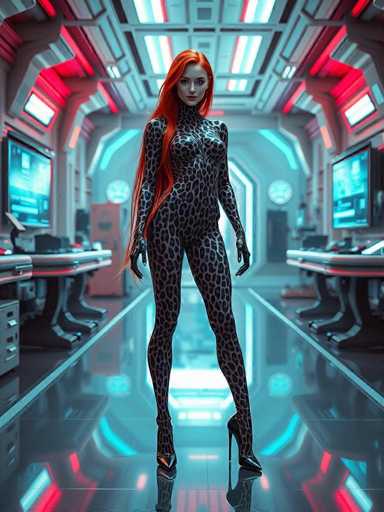 In this captivating image, a woman stands confidently in the center of a futuristic hallway, exuding an aura of strength and allure. She is adorned in a sleek, form-fitting bodysuit that clings to her body, accentuating her curves. The bodysuit is a striking black with bold leopard print patterns, and it extends seamlessly from her neck down to her feet, where it transitions into elegant high heels. Her long, vibrant red hair cascades down to her waist, adding a dramatic flair to her ensemble.

The hallway itself is a marvel of modern design, featuring a highly reflective floor that mirrors the ambient light. On either side of the hallway, sleek tables are positioned, each equipped with computer monitors that suggest a high-tech environment. The walls are painted in a soft light blue, while the ceiling is adorned with a combination of white and red lights, creating a dynamic and vibrant atmosphere. The overall scene is a perfect blend of futuristic aesthetics and striking fashion, capturing the viewer's attention with its detailed and vivid depiction.