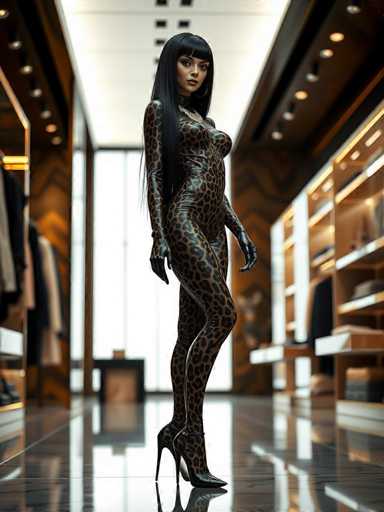 A woman is standing in a store with her back turned towards the camera. She is wearing a leopard print outfit that includes a black top and pants, as well as high heels. The background of the image shows shelves filled with clothing items on display.