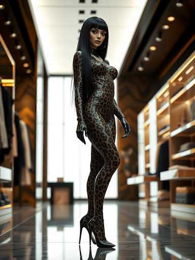 In this striking image, a woman stands confidently in the center of a luxurious, high-end clothing store. She is adorned in a tight-fitting, form-hugging dress that features a bold leopard print pattern in black and brown. The dress accentuates her figure, particularly highlighting her chest, arms, and legs. She complements her outfit with matching leopard print gloves and black high heels, which add to her elegant appearance. Her long, straight black hair cascades down to her waist, and she wears large hoop earrings that catch the light. Her makeup is meticulously applied, with a touch of red lipstick adding a pop of color to her look. The store around her is meticulously organized, with wooden shelves on either side displaying various clothing items, including shirts and jackets. The floor beneath her is a sleek, shiny black marble, reflecting the store's sophisticated ambiance. In the background, a large window allows natural light to flood the space, enhancing the overall luxurious feel of the setting.